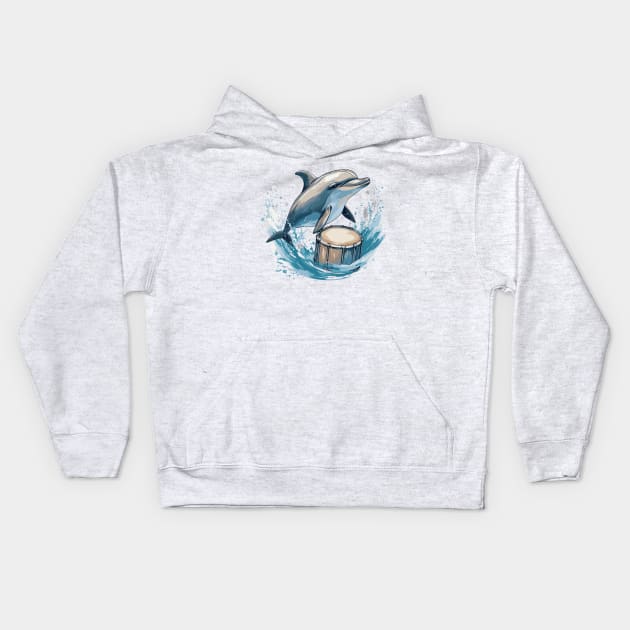 Dolphin playing drums Kids Hoodie by Graceful Designs